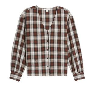 Treasure&Bond Plaid V-Neck Button Up Shirt